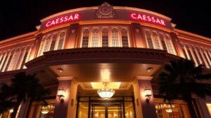 Caesars Palace at night with glowing entrance
