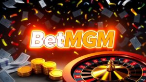 BetMGM logo with betting chips and confetti.