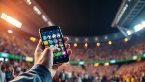 Sports betting excitement with smartphone and stadium background.