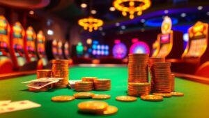Free sweeps coins and casino chips on a table.