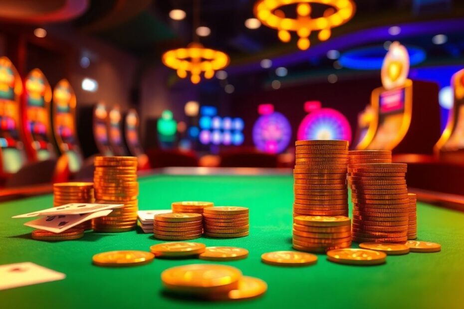 Free sweeps coins and casino chips on a table.