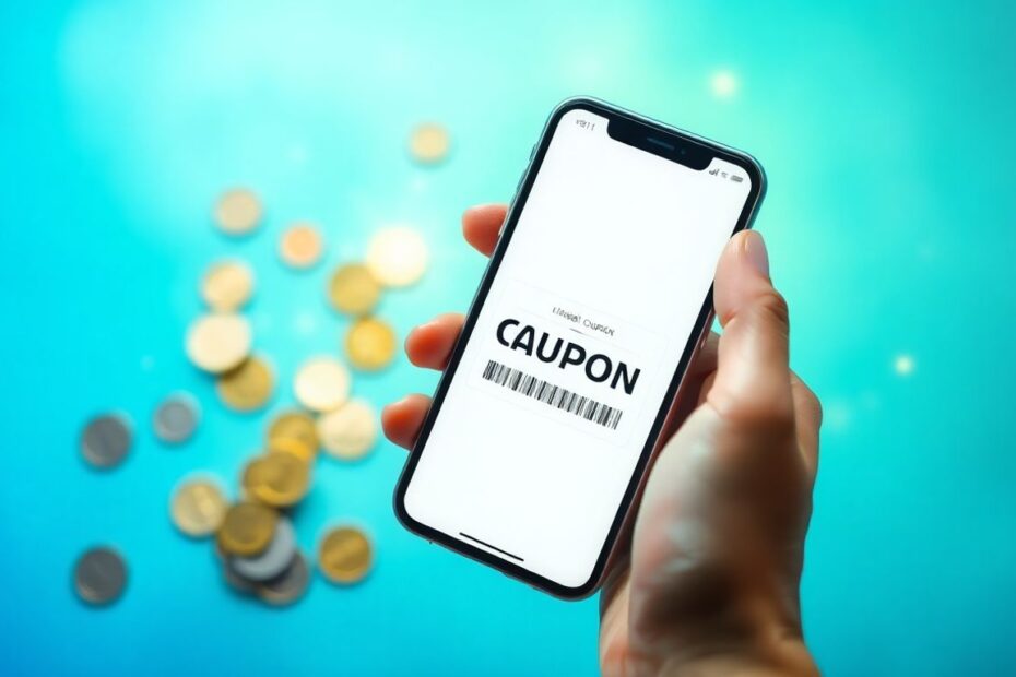 Smartphone with coupon, coins, and glowing particles.