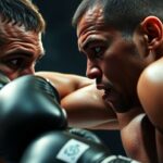 Boxers in intense mid-round action during a fight.