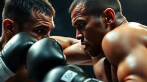 Boxers in intense mid-round action during a fight.