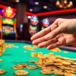 Golden coins and casino chips on a green felt table.