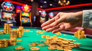 Golden coins and casino chips on a green felt table.