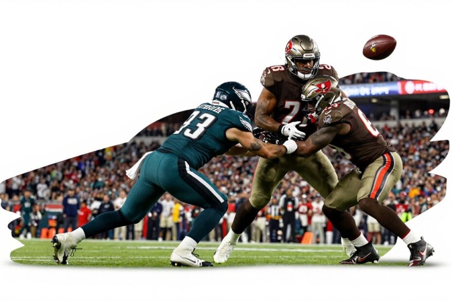 Eagles and Buccaneers football players in intense game action.