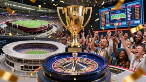 Betting sites collage with sports arenas, roulette, and trophy.