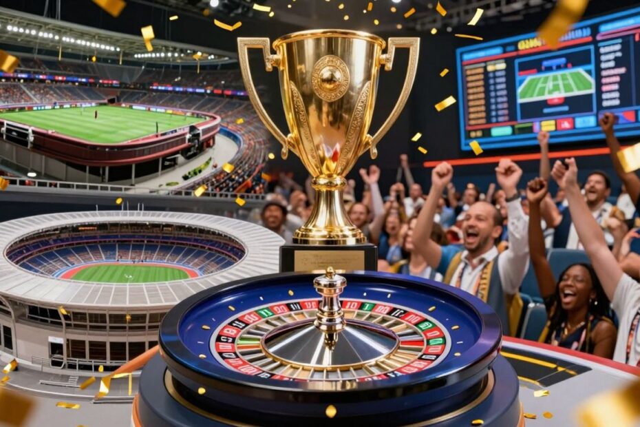 Betting sites collage with sports arenas, roulette, and trophy.