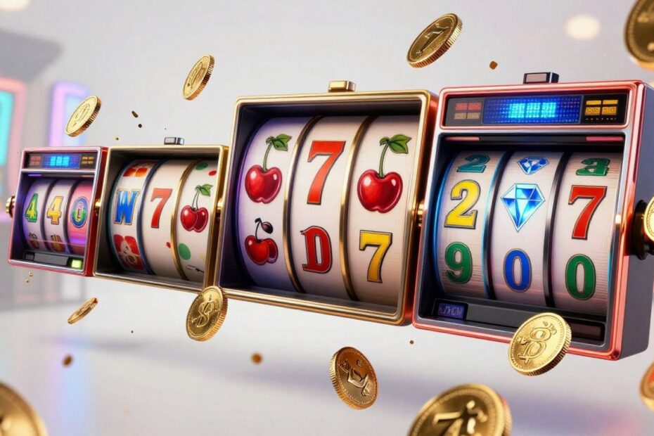 Spinning slot machine reels with glowing symbols and falling coins.
