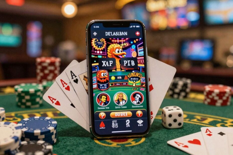 Gambling app on phone with chips and cards.