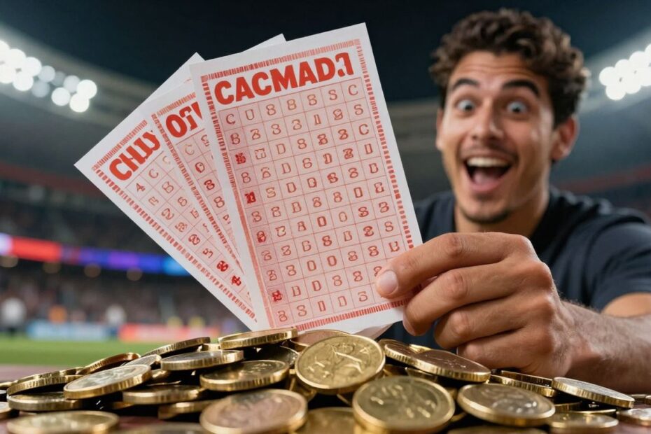 Sports betting bonus with coins and winning ticket.
