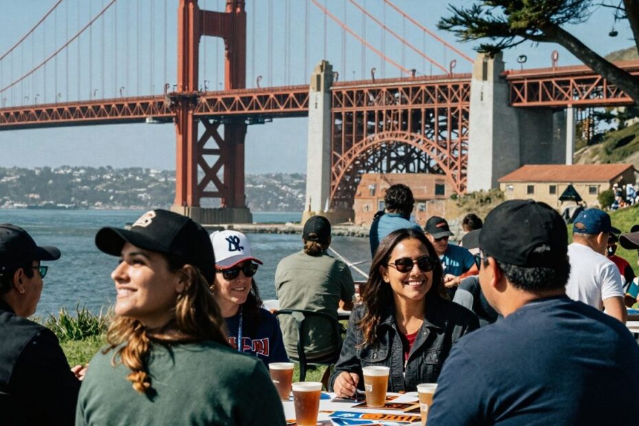 California residents celebrating near Golden Gate Bridge, sports theme.