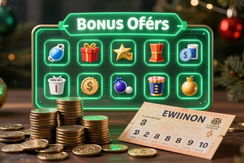 December bonus betting opportunities with coins and winning ticket.