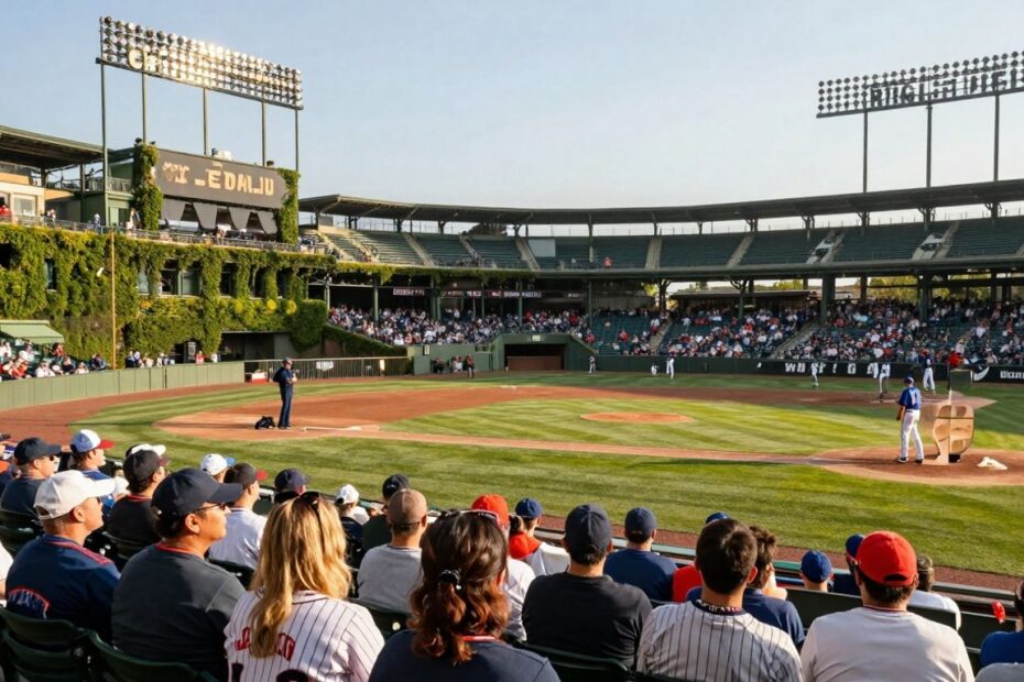Wrigley Field during a baseball game with fans.