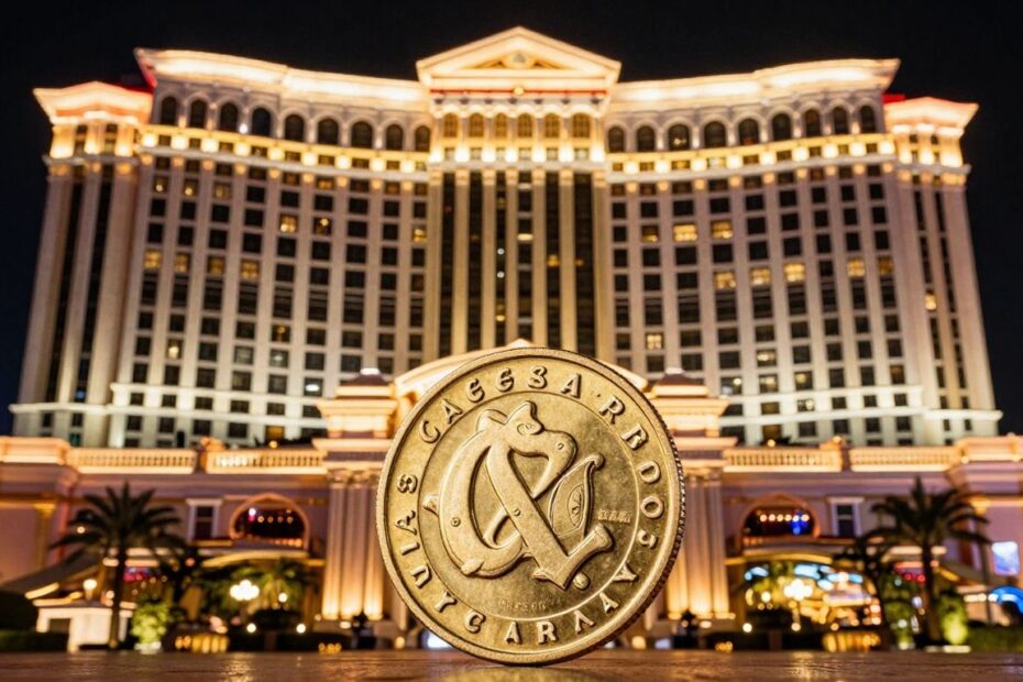 Caesars Palace hotel with golden bonus coin.