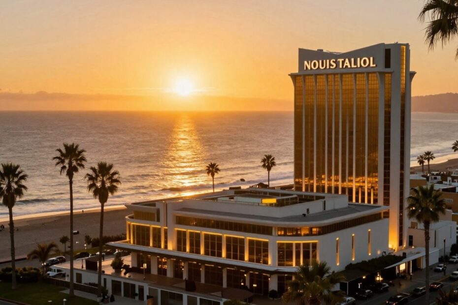 California casino at sunset with ocean view.