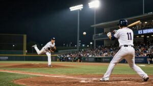 Baseball game action with pitcher and batter