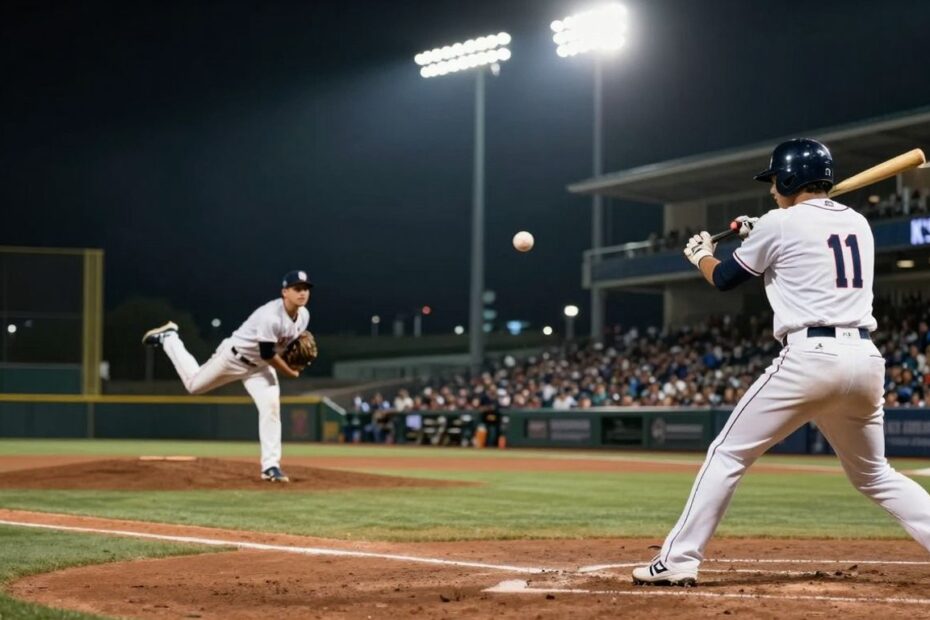 Baseball game action with pitcher and batter