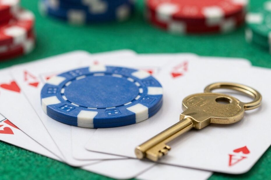 Golden key and poker chip on playing cards.