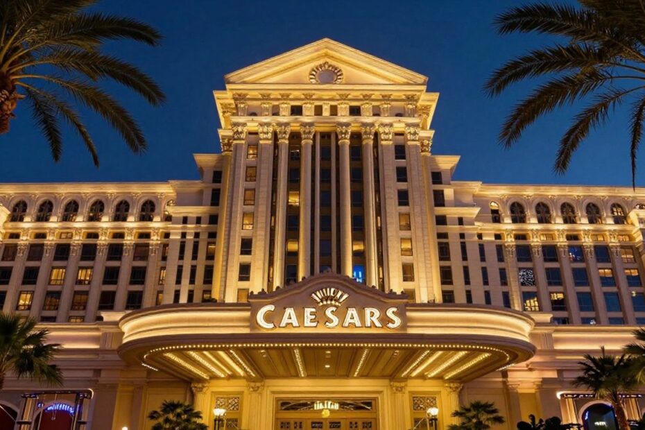 Caesars Palace entrance with palm trees and golden light.