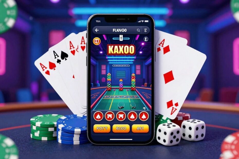 Smartphone with casino games, poker chips, cards, and dice.