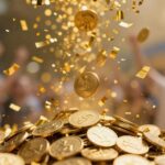 Golden coins and confetti raining down, celebratory background.