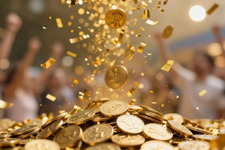 Golden coins and confetti raining down, celebratory background.