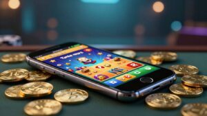 Smartphone with casino game, coins, and chips.