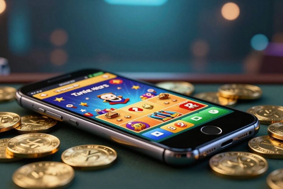 Smartphone with casino game, coins, and chips.