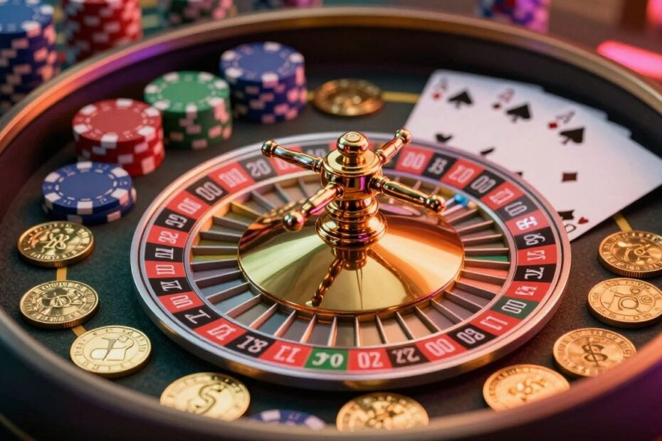 Online casino chips, cards, and roulette wheel with gold coins.