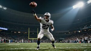 Football player scoring a touchdown in a stadium.