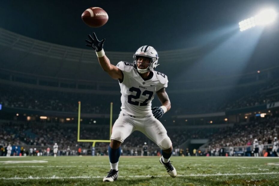 Football player scoring a touchdown in a stadium.
