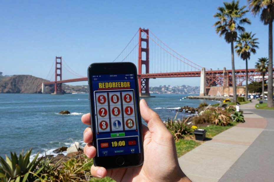 California coastline with smartphone showing online gambling.