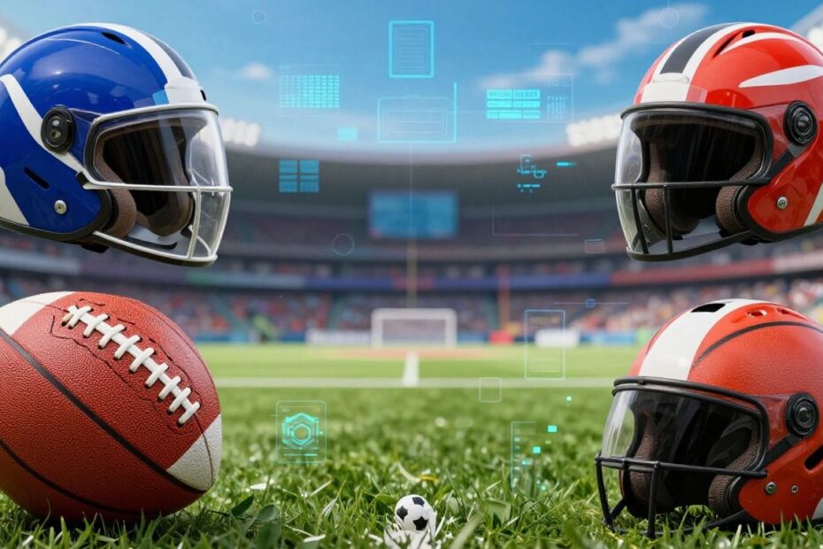 Sports betting excitement with equipment and digital patterns.