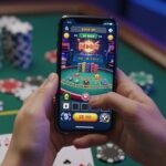 Casino chips and cards with a phone showing a game.