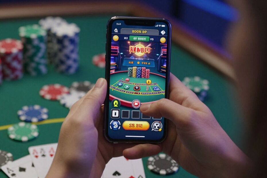 Casino chips and cards with a phone showing a game.