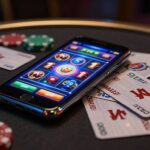 Smartphone displaying online casino game with chips and cards.