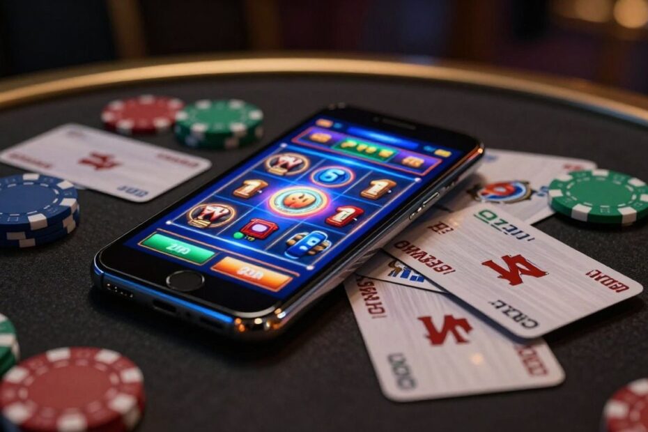 Smartphone displaying online casino game with chips and cards.