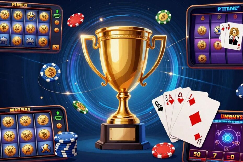 Online gambling sites with slots, cards, and chips.