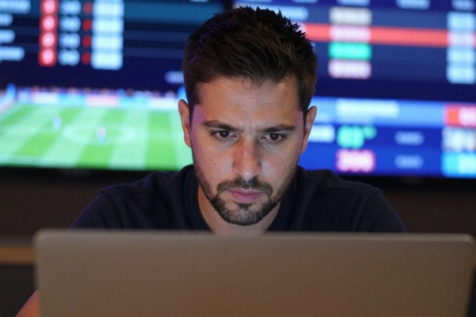 Man studies betting odds with sports games on screens.