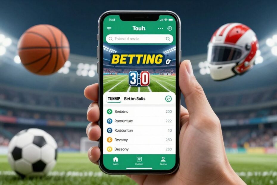 Sports betting app on a smartphone with sports equipment.