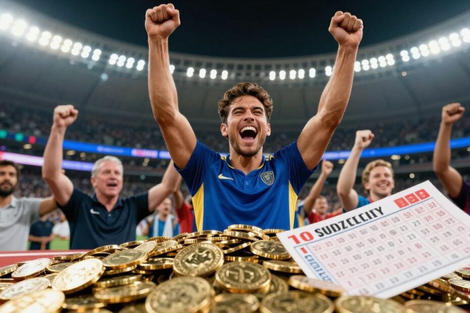 Sports betting bonus offer with gold coins and winning ticket.